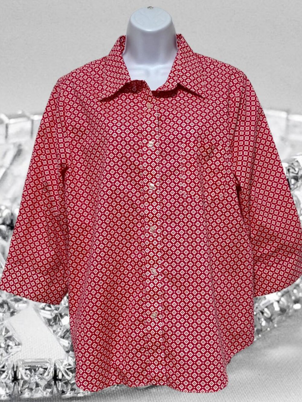 Blair-Women's Large Top Button Down Collared Multi-Color-Cotton-Polyester